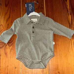 Me & Henry Collared Button Down Onsie in green and heather stripes
